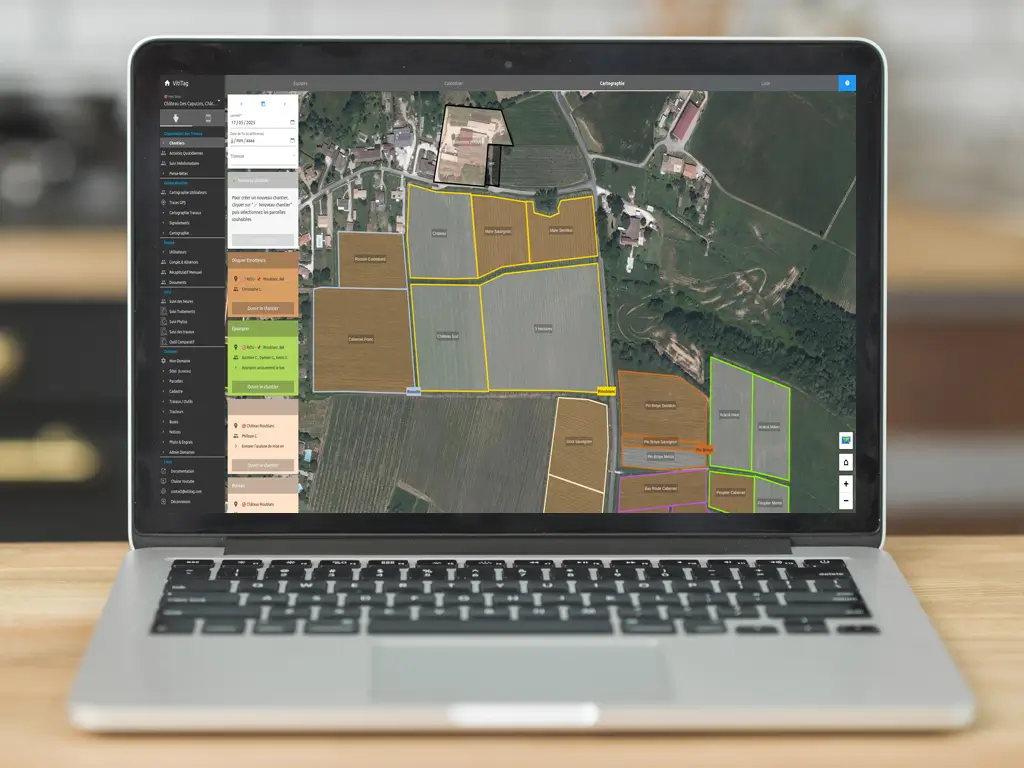 Interface de visualisation et création des chantiers sur la carte de VitiTag